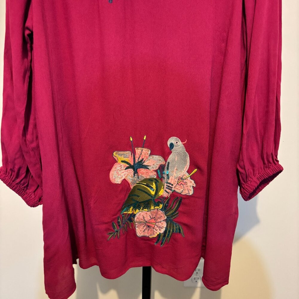 Umgee Burgundy Red Sequin Embroidered Floral Sequin Bird Long Sleeve Dress - Picture 4 of 10